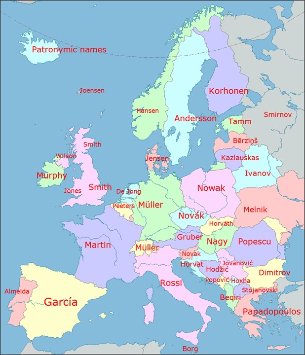 karta europe s državama Najčešća prezimena u Europi, po državama | Nezavisni Kalesijski  karta europe s državama