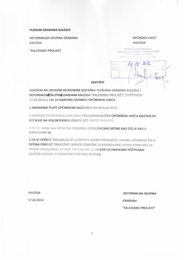 zahtjevi plenum kalesijsko proljece