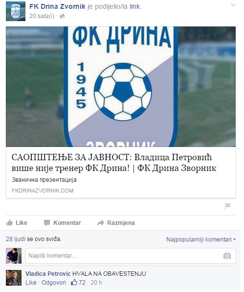 Vladica Petrović se zahvalio na obavještenju