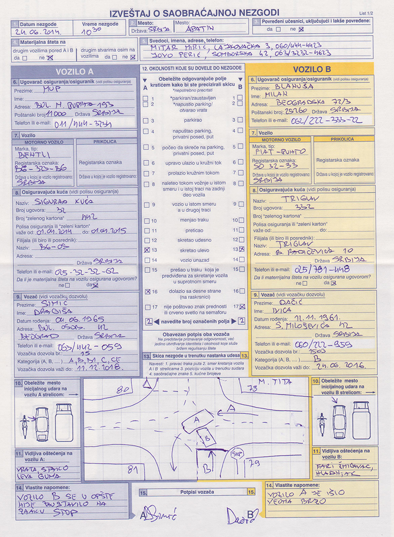 evropski izvjestaj o saobracajnoj nesreci