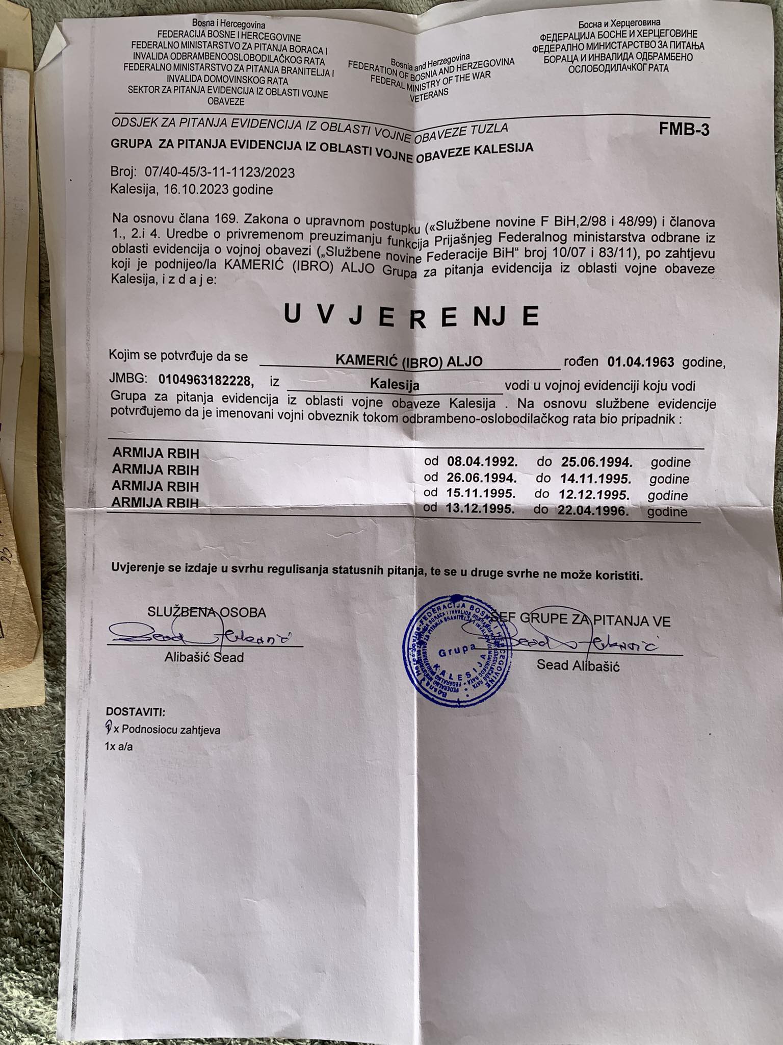 aljo kameric uvjerenje armija 1