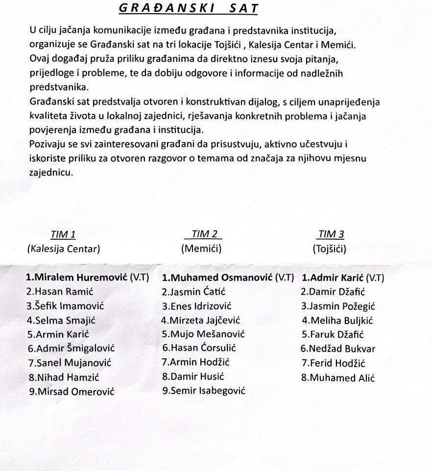 Za "Građanski sat", termin - APRIL 2026: Raspored vijećnika po punktovima